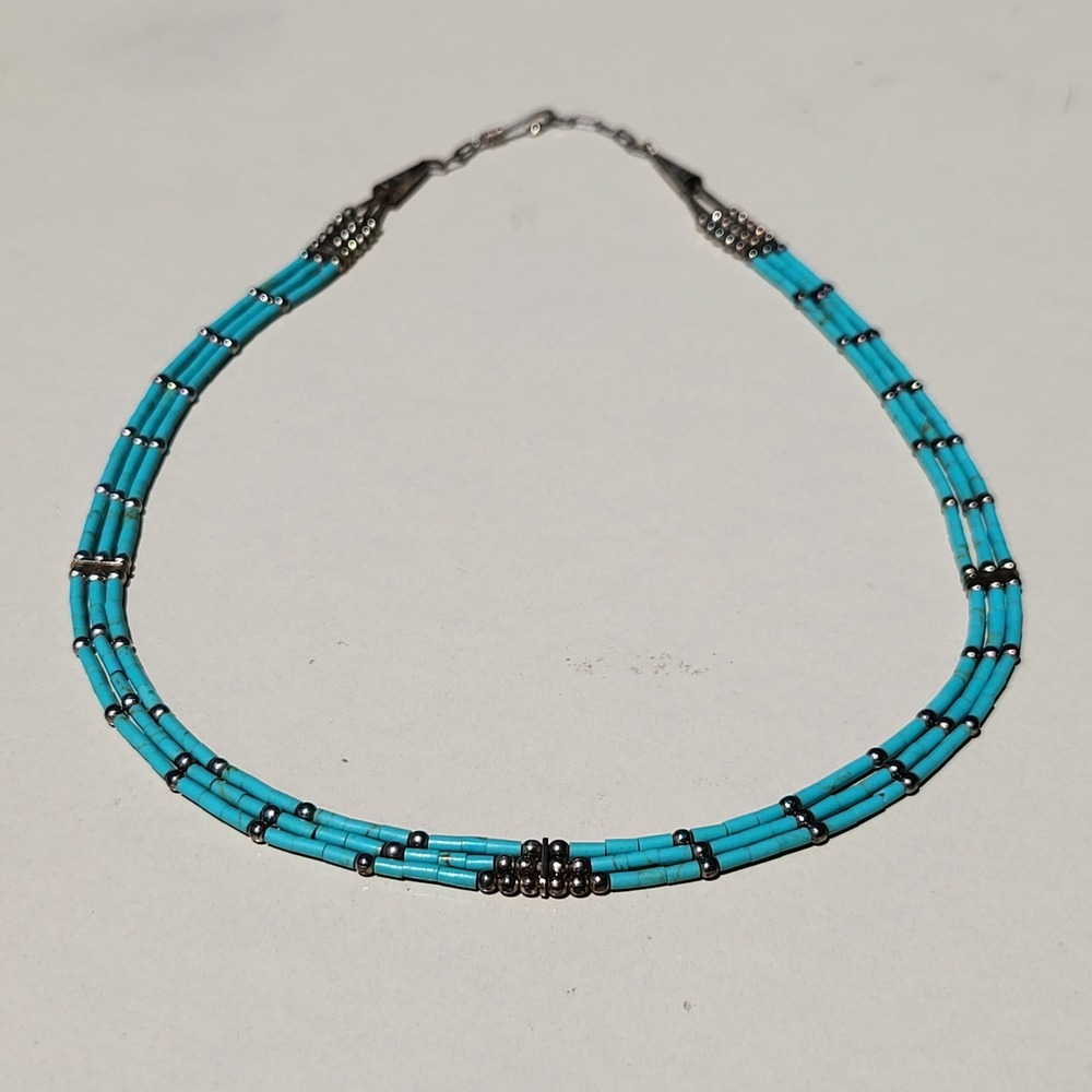 925 Sterling Silver Vintage Turquoise Liquid Bead 3-Strand Necklace southwest